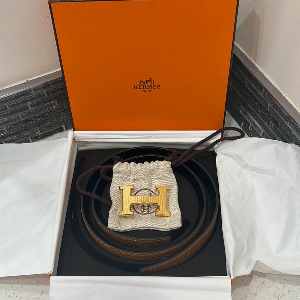 Hermès Brown Leather Belt with Gold Buckle